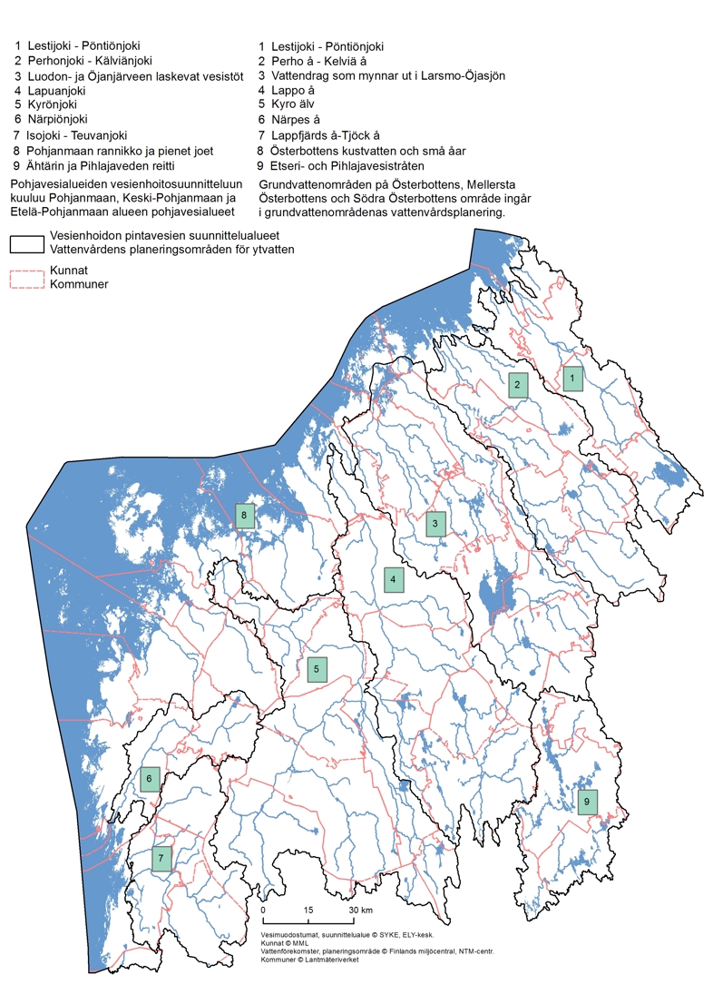 Kuva, joka sisältää kohteen kartta. Kartassa: Etelä-Pohjanmaan ELY-keskuksen vesienhoidon toimenpideohjelman alueella on 9 pintavesien suunnittelualuetta. Pohjavesien vesienhoidon suunnittelualueeseen kuuluvat Etelä-Pohjanmaan, Pohjanmaan ja Keski-Pohjanmaan maakuntien pohjavesialueet.