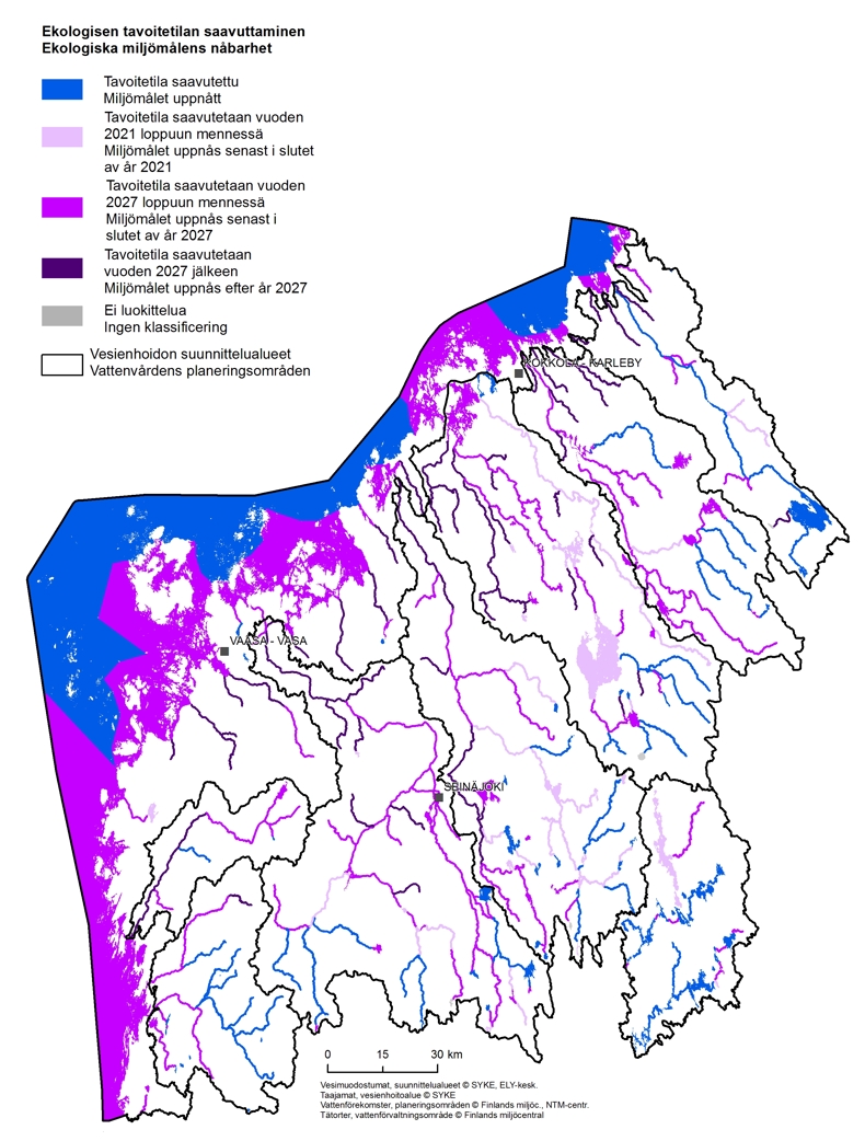 Statusmålet enligt vattenvården har i huvudsak uppnåtts endast i källflöden. Ju längre nedströms i vattendraget man går, desto längre borta ligger statusmålet man strävar efter. För en del av de yttre kustvattenförekomsterna har god ekologisk status uppnåtts