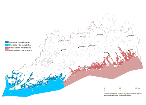 En kartbild av kustvattentyper i Nyland.