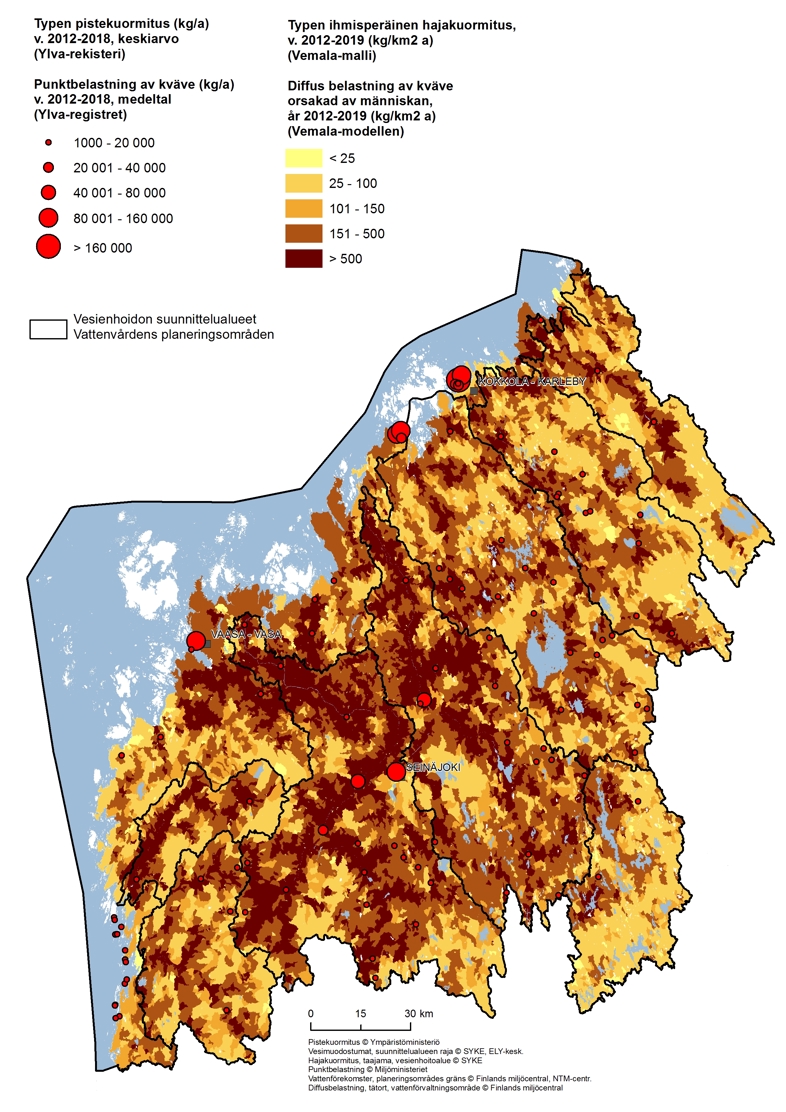 Kartalla näkyy, että typen ihmisperäinen hajakuormitus on suurinta jokilaaksoissa ja ihmisperäisen typen pistekuormitus on suurinta suurimmissa taajamissa.
