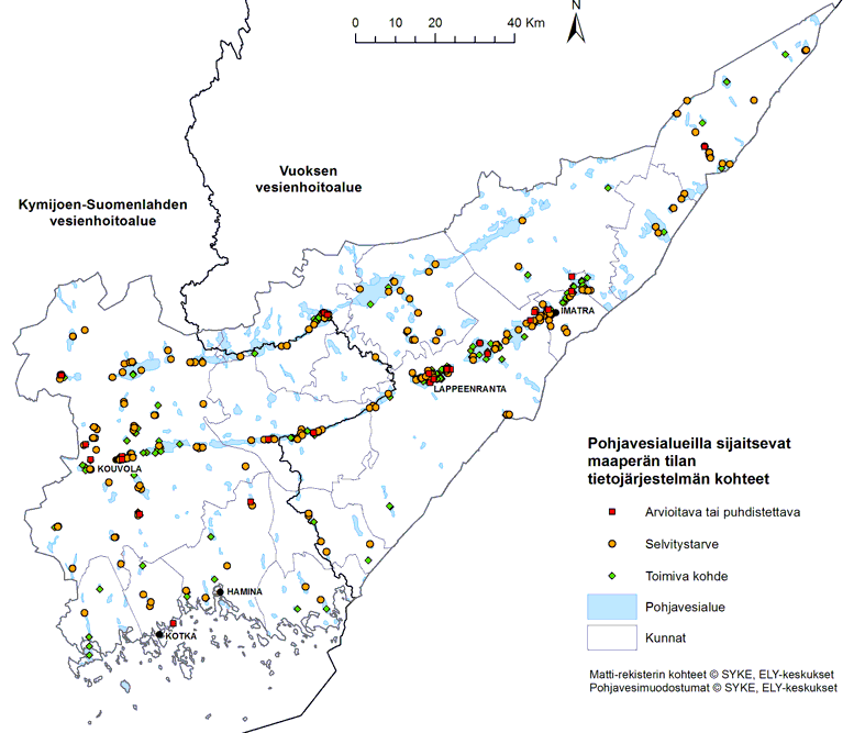 Kuvassa 81 on kartalla esitettynä pohjavesialueilla sijaitsevat maaperän tilan tietojärjestelmän (**ns. Matti-rekisteri) kohteet.