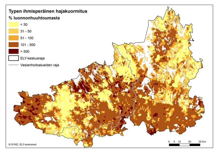 Kartta, jossa on esitetty typen ihmisperäisen hajakuormituksen osuus luonnonhuuhtoumasta prosentteina Hämeessä.
