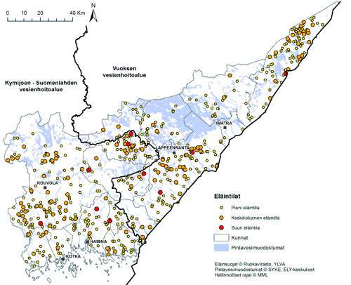 Kartta eläintilojen sijoittumisesta Kaakkois-Suomessa kokoluokittain.