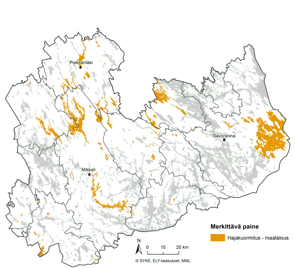 Etelä-Savon kartta, jossa on kuvattu ne pintavesimuodostumat, joissa maatalous on arvioitu merkittäväksi tilaa heikentäväksi tekijäksi.