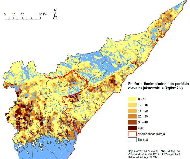 Kartta, jossa on kuvattu fosforin hajakuormitus Kaakkois-Suomen alueella vuosina 2012–2019 VEMALA-mallin mukaisesti.