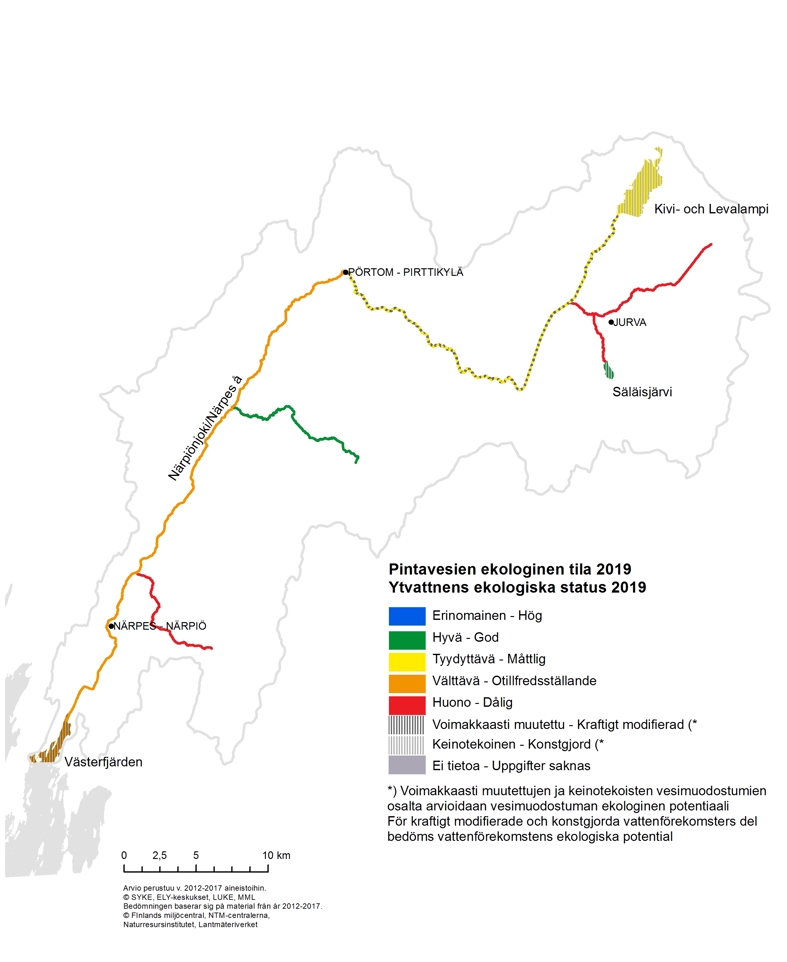Närpiönjoen suunnittelualueella on Lillå  hyvässä ekologisessa tilassa ja Säläisjärven ekologinen potentiaali on hyvä. Muut vesimuodostumat ovat hyvää huonommassa tilassa.