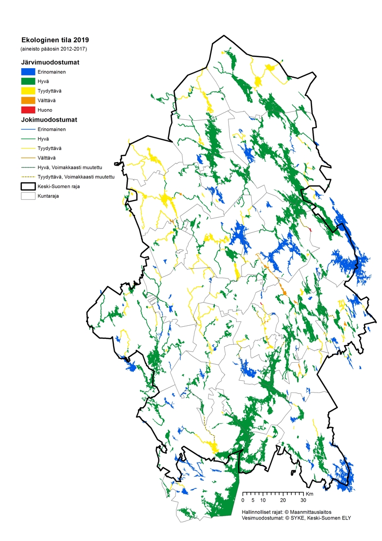 Karttakuva toimenpideohjelma-alueen pintavesimuodostumien ekologisesta tilasta. Eri tilaluokat on eritelty värikoodein.