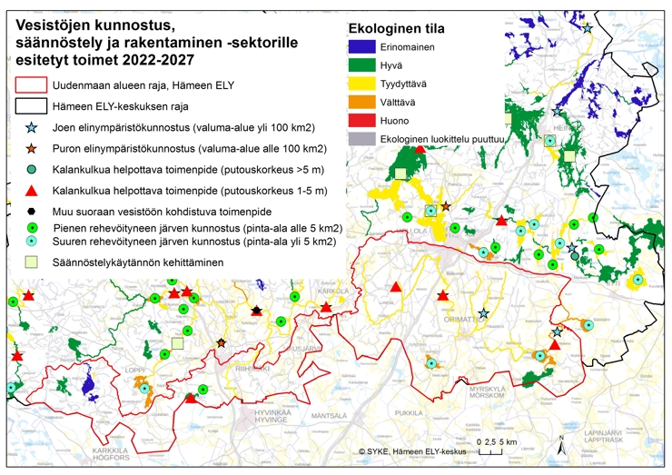 Kartta, jossa on esitetty Uudenmaan suunnittelualueen vesille esitetyt vesistöjen kunnostus, säännöstely ja rakentaminen -sektorin toimet vuosille 2022-2027 Hämeen ELY-keskuksen alueella.