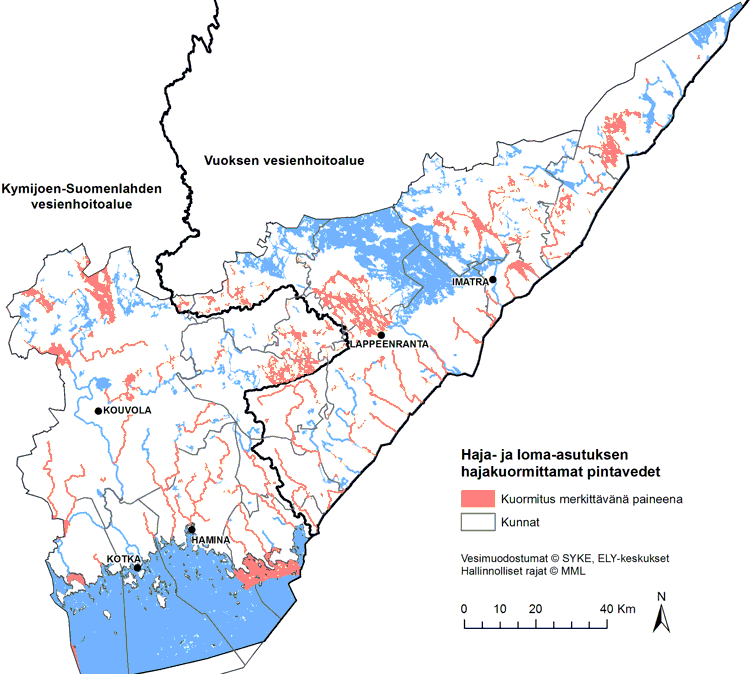 Kartta, jossa kuvataan  vesimuodostumat, joille on tunnistettu haja- ja loma-asutus merkittäväksi paineeksi.