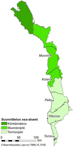 Kuvassa on kartta Tornionjoen vesienhoitoalueesta, johon on rajattu suunnittelun osa-alueet.