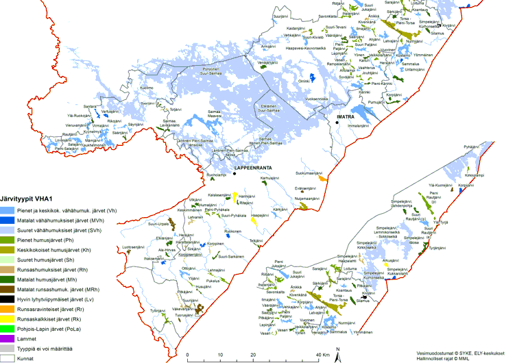 Kaakkois-Suomen Vuoksen vesienhoitoalueen järvien tyypittely kartalla