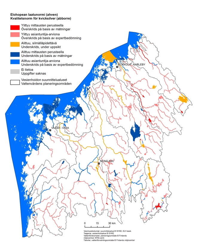 Karta: Vattendrag där kvalitetsnormen för kvicksilver överskrids finns ganska jämnt i inlandet i olika delar av Södra Österbottens NTM-centrals område. I kustvattnen överskrids kvalitetsnormen för kvicksilver endast i havsområdet utanför Karleby.