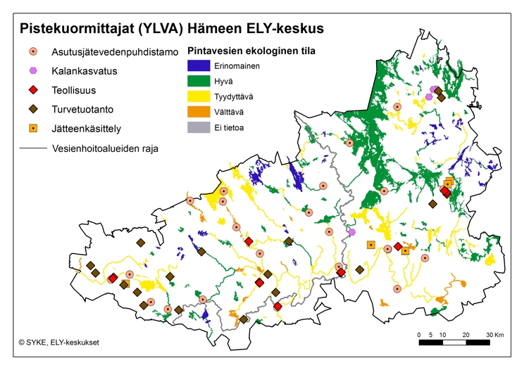 Kartta, jossa on esitetty pistekuormittajat Hämeen ELY-keskuksen toimialueella.