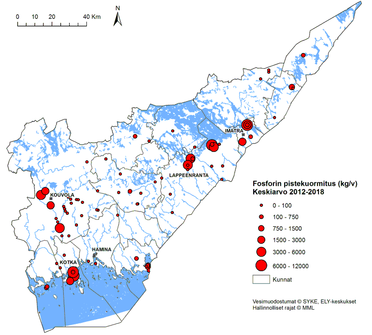 Kartta, jossa on kuvattu  fosforin pistekuormitus Kaakkois-Suomen alueella vuosina 2012–2018  perustuen YLVA-rekisterin tietoihin.