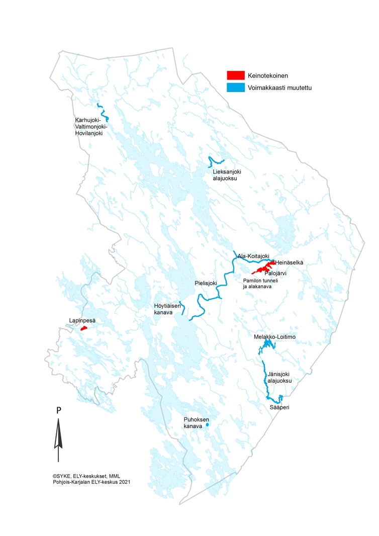 Karttakuva, jossa esitetään Pohjois-Karjalan 14 keinotekoiseksi tai voimakkaasti muutetuksi määriteltyä vesimuodostumaa, viisi järveä ja yhdeksän jokea.