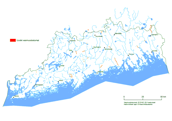Karttakuva Uudenmaan pintavesimuodostumista kolmannella vesienhoitokaudella.