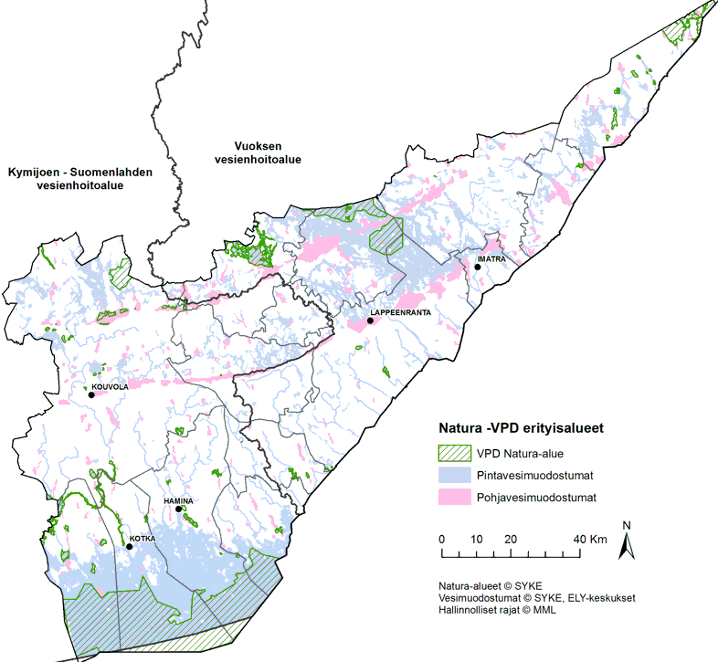 Kartta Kaakkois-Suomen Natura–VPD erityisalueista.