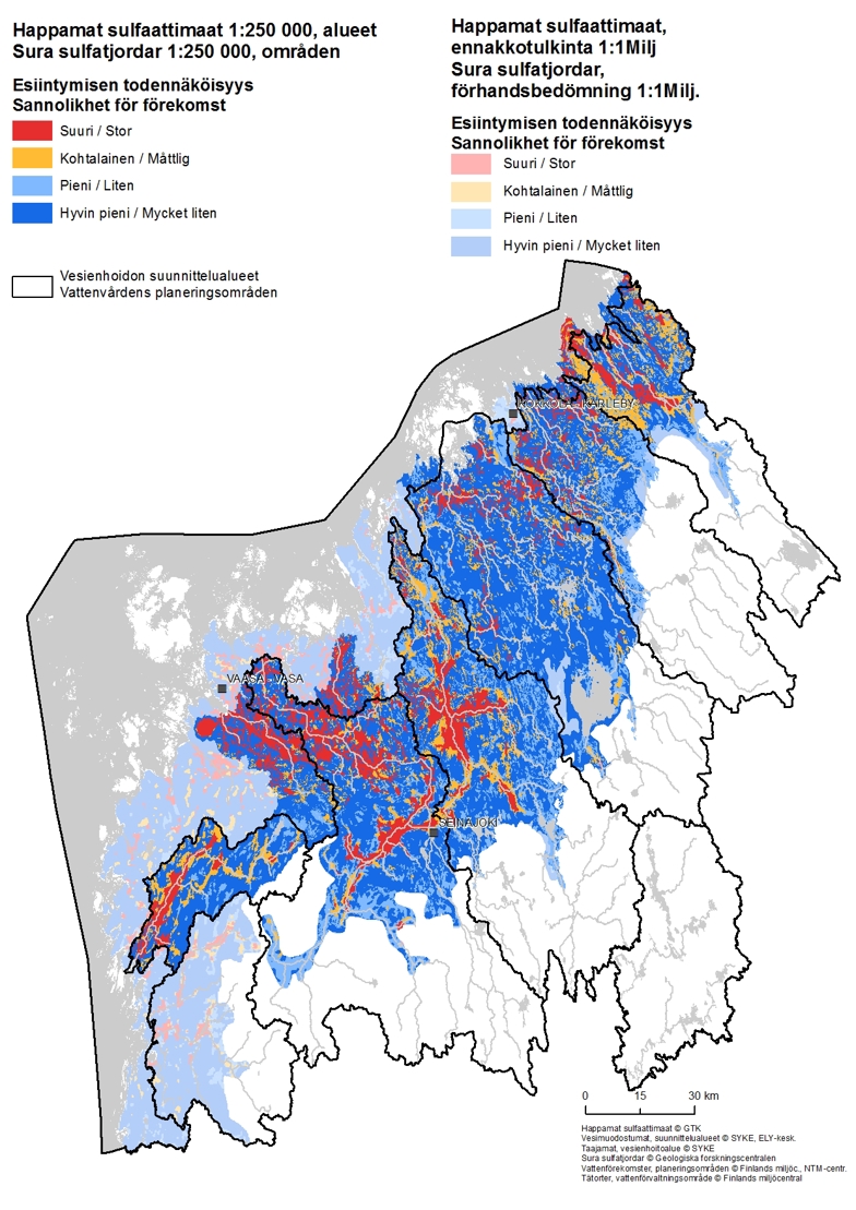 Kartta: Happamien sulfaattimaiden esiintymisen todennäköisyys on useinmiten suurinta Litorinameren rajan alapuolella jokivarsilla.