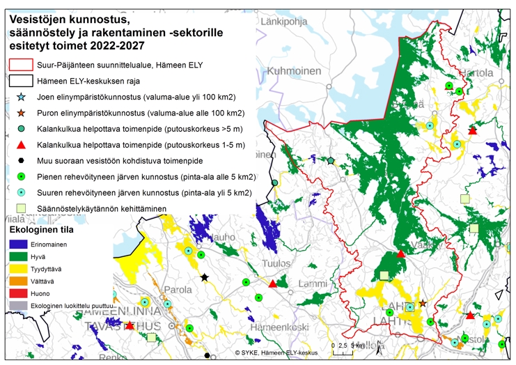 Kartta, jossa on esitetty Suur-Päijänteen suunnittelualueen vesille esitetyt vesistöjen kunnostus, säännöstely ja rakentaminen -sektorin toimet vuosille 2022-2027 Hämeen ELY-keskuksen alueella.