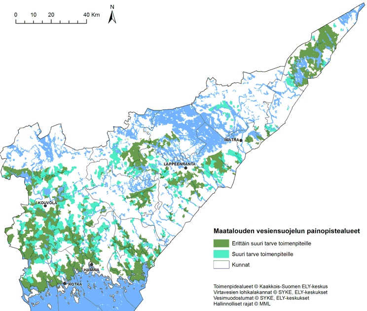 Kartta maatalouden vesiensuojelun painopistealueista.