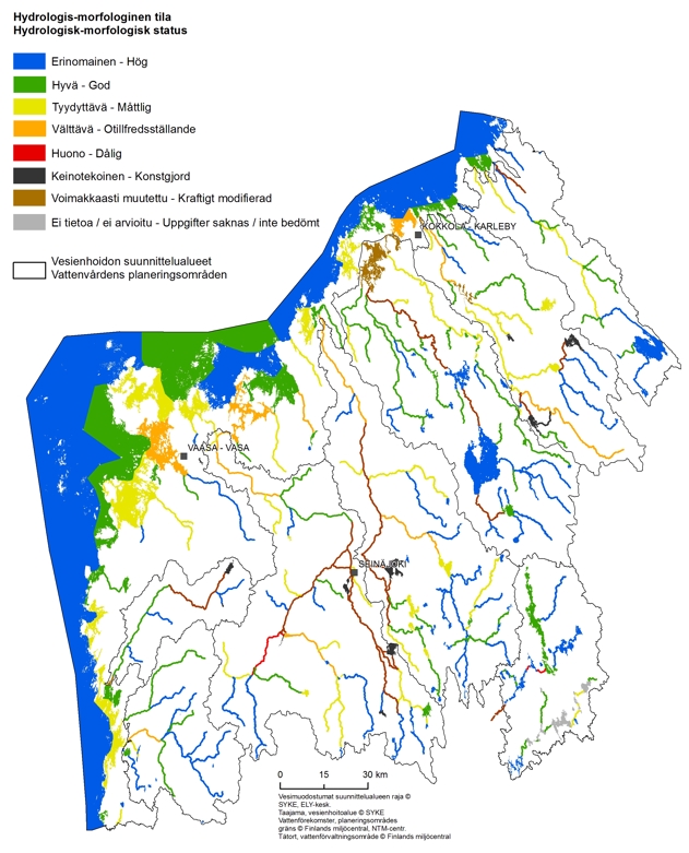 På kartan finns de konstgjorda och kraftigt modifierade vattendragen i området. Flest konstgjorda och kraftigt modifierade vattenförekomster finns i Kyro älvs, Lappo ås och Esse ås avrinningsområden.