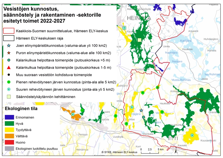 Kartta, jossa on esitetty Konnivesi-Ruotsalaisen suunnittelualueen vesille esitetyt vesistöjen kunnostus, säännöstely ja rakentaminen -sektorin toimet vuosille 2022-2027 Hämeen ELY-keskuksen alueella.