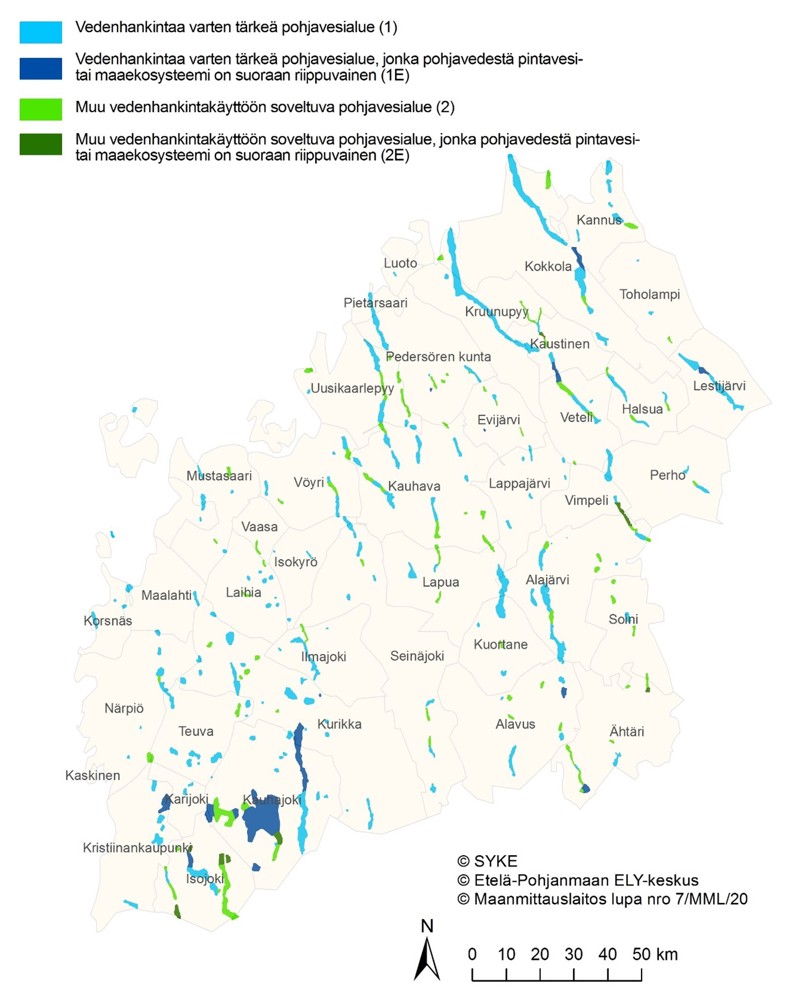 Kartta pohjavesialueiden sijainneista Etelä-Pohjanmaan, Keski-Pohjanmaan ja Pohjanmaan maakunnissa. Pohjavesialueita on eniten Etelä-Pohjanmaan maakunnan eteläosassa, mutta merkittäviä harjujaksoja on myös Etelä-Pohjanmaan itä- ja pohjoisosassa sekä Keski-Pohjanmaalla ja Pohjanmaan pohjoisosassa.