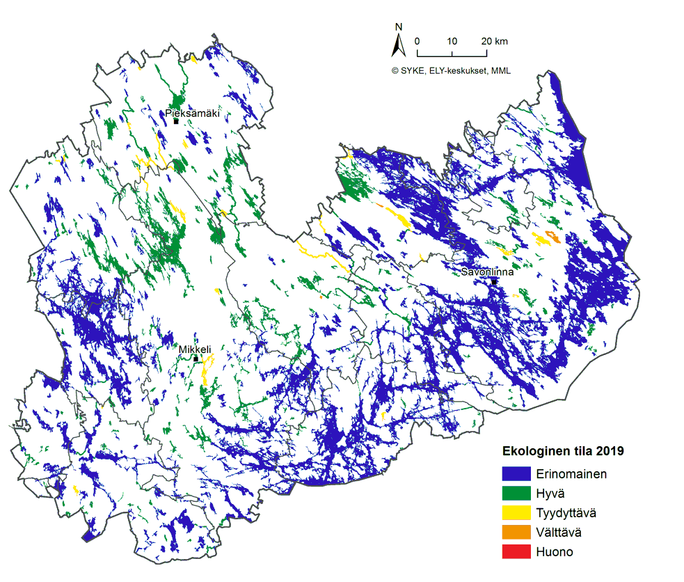 Etelä-Savon kartta, jossa on esitetty pintavesien ekologinen tilaluokitus vuonna 2019 eri väreinä.
