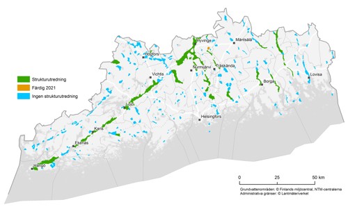 En kartbild av strukturutredningar i grundvattenområden.