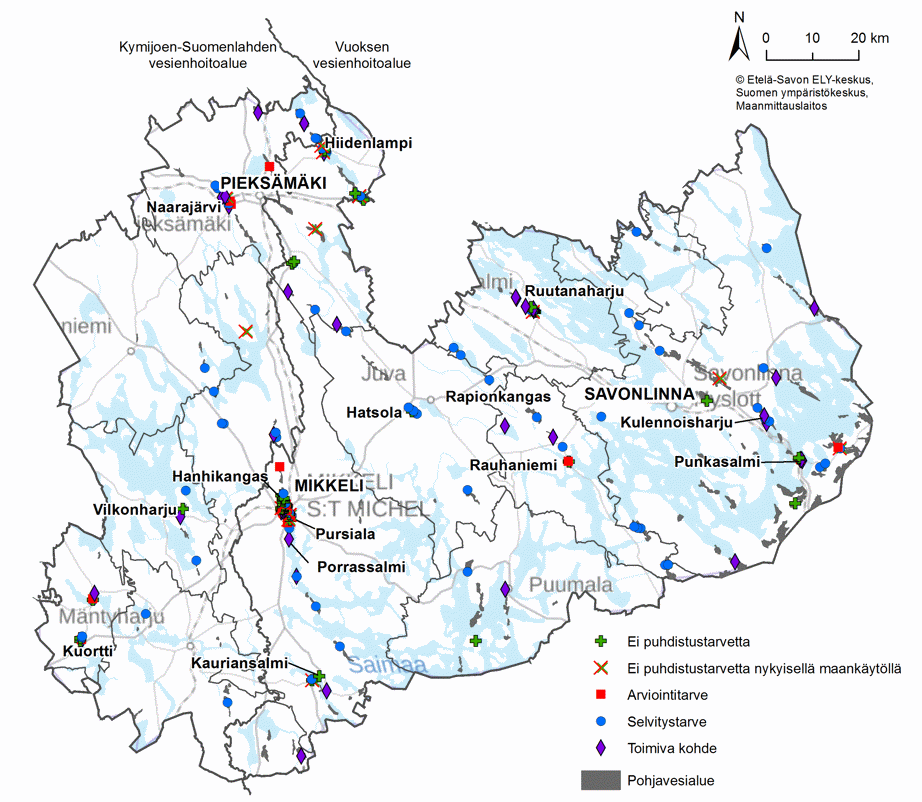 Etelä-Savon kartata, joka sisältää  Maaperän tietojärjestelmän kohteet Etelä-Savon pohjavesialueilla. Kohteet on luokiteltu eri symboleilla sen mukaan onko niillä puhdistus-, arviointi, tai selvitystarvetta.