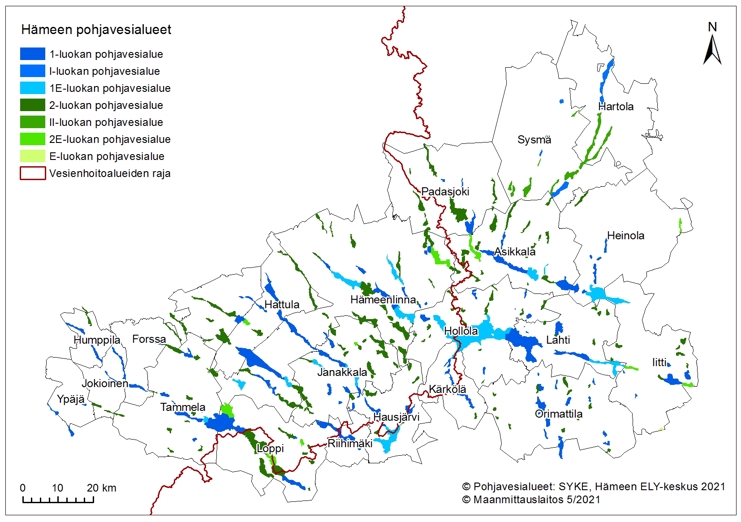 Kartta, jossa on esitetty kaikki Hämeen luokitellut pohjavesialueet.