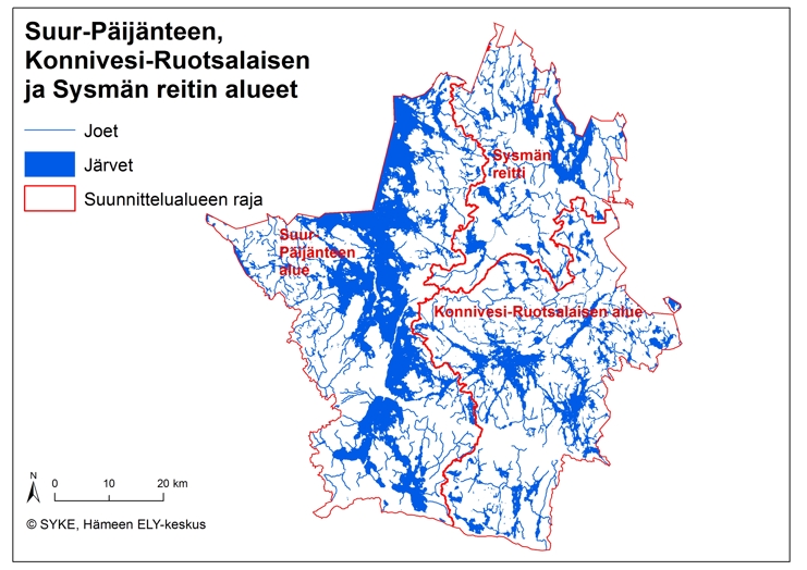 Kuvassa on kartta, jossa esitetään Suur-Päijänteen, Sysmän reitin ja Konnivesi-Ruotsalaisen suunnittelualueiden rajat Hämeen ELY-keskuksen toimialueella.