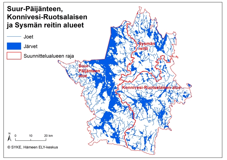 Kuvassa on kartta, jossa esitetään Suur-Päijänteen, Sysmän reitin ja Konnivesi-Ruotsalaisen suunnittelualueiden rajat Hämeen ELY-keskuksen toimialueella.