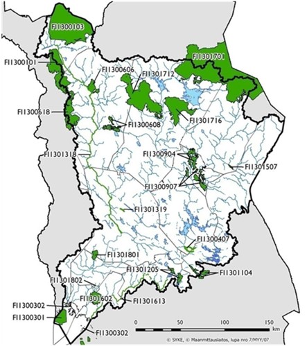 Kuvassa on Suomen kartta, johon on rajattuna Kemijoen vesienhoitoalue, sekä erityisiksi alueiksi valitut Natura-alueet.