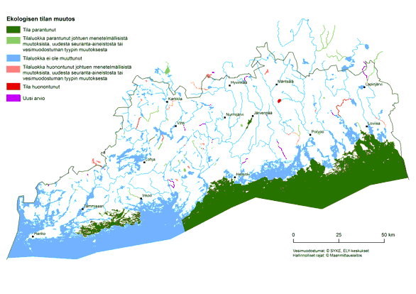 Karttakuva toisen suunnittelukauden jälkeen tapahtuneista muutoksista pintavesien ekologisessa tilassa ja muutoksen syistä.