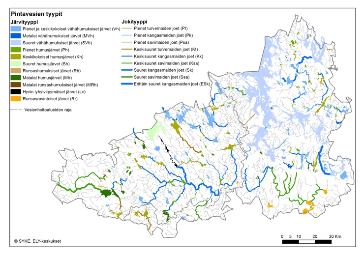 Kartta, jossa on esitetty tarkasteltujen pintavesimuodostumien tyypit Hämeen ELY-keskuksen toimialueella.