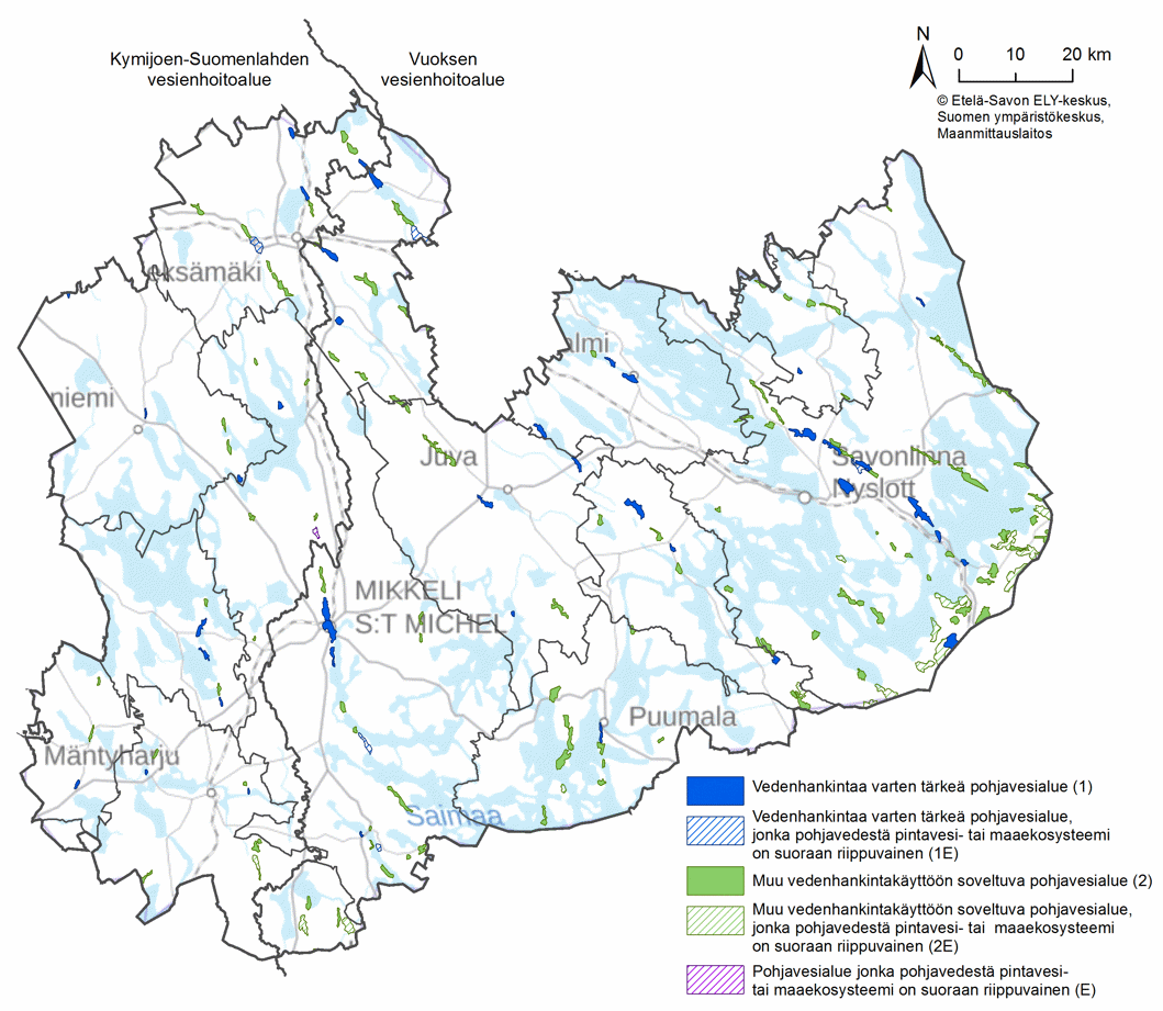 Etelä-Savon kartta, johon on merkitty eri väreillä ja rastereilla Etelä-Savossa sijaitsevat pohjavesialueet luokiteltuna pohjavesiluokkiin.