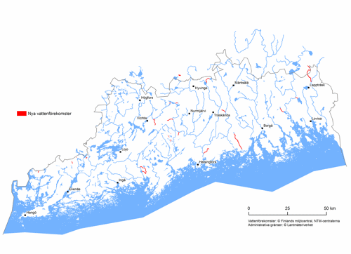 En kartbild av ytvattenförekomster i Nyland under den tredje vattenvårdsperioden.