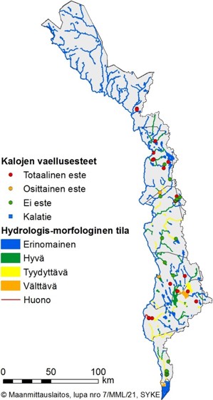 Kuvassa on kartta Toenionjoen vesienhoitoalueesta.  Pohjois-osan vesistöt ovat alueella erinomaisessa tilassa. Karttaan on merkitty myös kalojen totaaliset ja osittaiset vaellusesteet.
