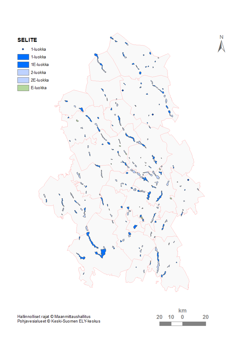 Kuvaan on piirretty Keski-Suomen maakunnan pohjavesialueet. Pohjavesialueet on määritetty niiden vedenhankinnallisten ominaisuuksien mukaan. Myös niiden ekosysteemejä ylläpitävät ominaisuudet on huomioitu määrittelyssä. Pohjavesialueet on jaettu tämän perusteella viiteen luokkaan: 1, 1E, 2, 2E ja E.