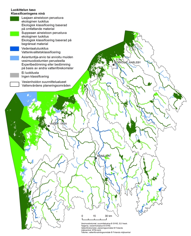 Omfattningen på materialet som använts till klassificeringen i NTM-centralen i Södra Österbottens område varierar. Omfattningen varierar även inne i planeringsområdena.