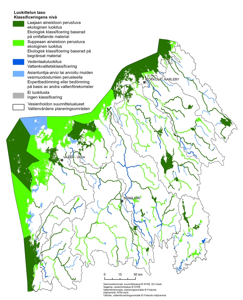 Etelä-Pohjanmaan ELY-keskuksen alueella luokitteluun käytetyn aineiston laajuus vaihtelee ja laajuus vaihtelee myös suunnittelualueiden sisällä.