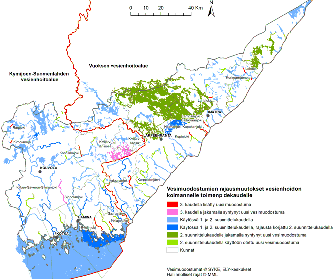Kartta jossa on kuvattu vesimuodostumien rajauksiin tehdyt muutokset ja tarkasteluun otetut uudet vesimuodostumat vesienhoidon toiselle toimenpidekaudelle