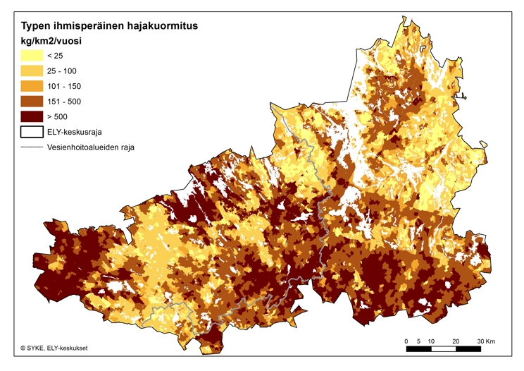 Kartta, jossa on esitetty typen ihmisperäinen hajakuormitus (kg/km2/v) Hämeessä.