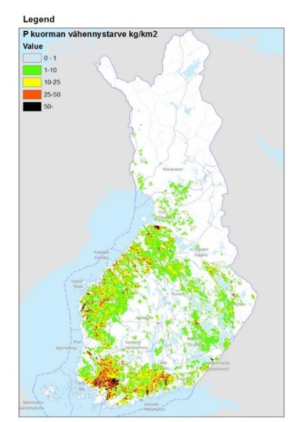 Kartta, jossa on esitetty fosforikuorman vähennystarve (kg/v) eri osissa Suomea.