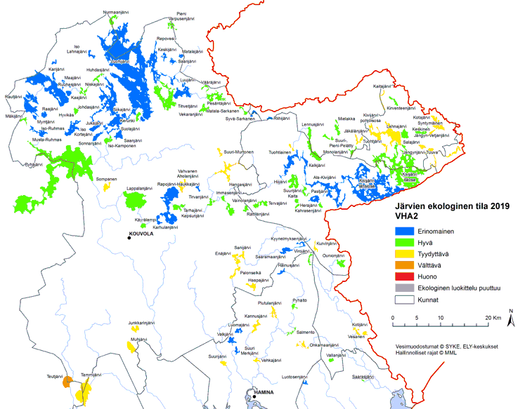 Järvien ekologinen tila Kymijoen-Suomenlahden vesienhoitoalueella esitettynä kartalla.