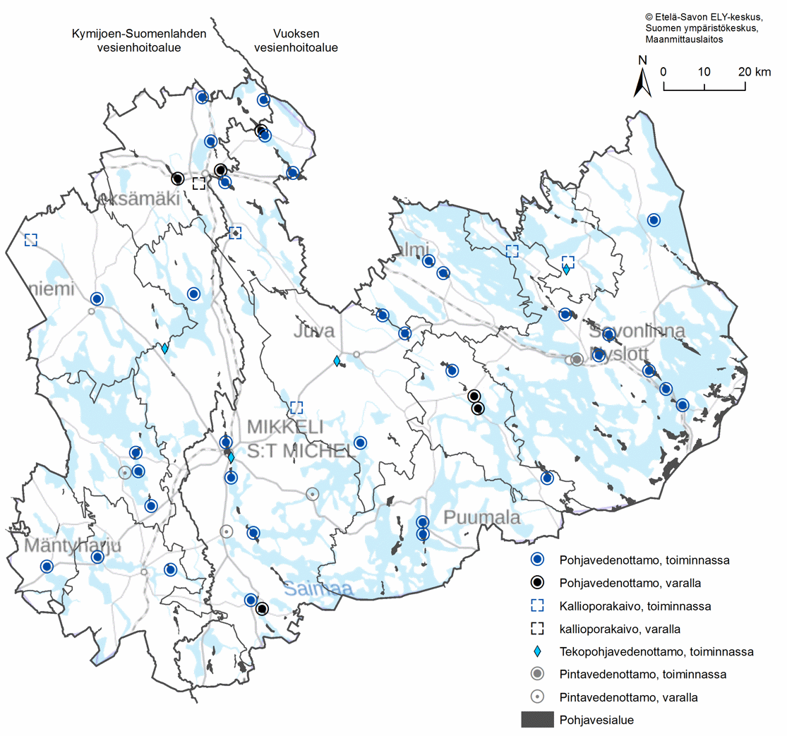 Etelä-Savon kartta, johon on merkitty pistemäisillä symboleilla yhdyskuntien pinta- ja pohjavedenottamot maakunnan alueella.