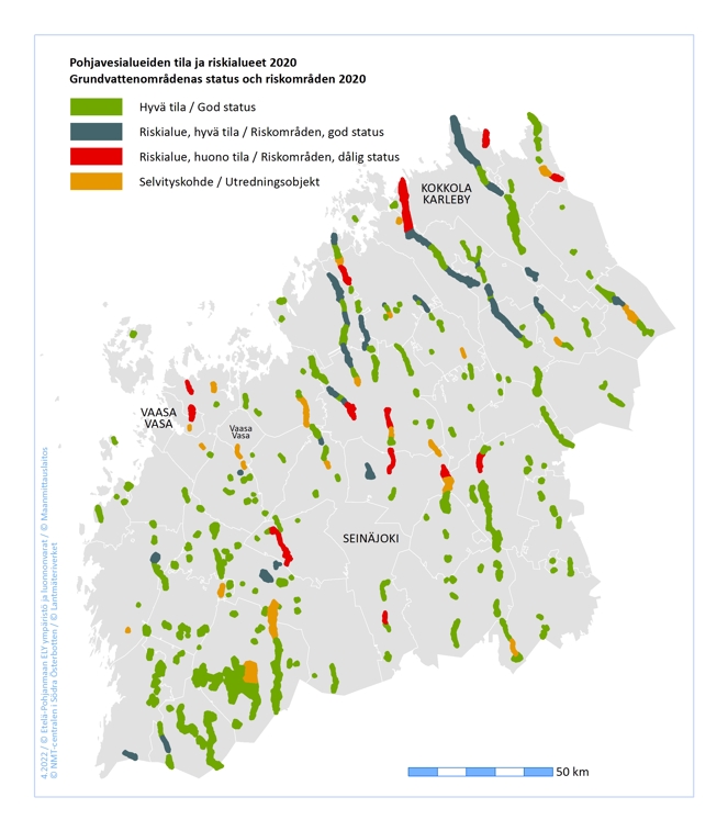 På bilden finns en karta över grundvattenområdena i de österbottniska landskapen indelade i fyra klasser och färgade med olika färger. De grundvattenområden vars status är god är markerade med grön färg. De riskområden vars status har bedömts vara god presenteras med blå färg. De riskområden vars status har bedömts vara dålig är markerade med rött. Med orange presenteras utredningsobjekt vars status inte ännu har kunnat bedömas. Sådana grundvattenområden vars status är dålig ligger nära bebyggelsen i följande kommuner: Alajärvi, Ilmajoki, Kannus, Kauhava, Karleby, Lappo, Korsholm, Pedersöre, Seinäjoki och Vasa.