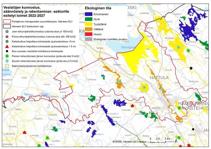 Kartta, jossa on esitetty Pyhäjärven alueen ja Vanajaveden suunnittelualueen vesille esitetyt vesistöjen kunnostus, säännöstely ja rakentaminen -sektorin toimet vuosille 2022-2027 Hämeen ELY-keskuksen alueella.