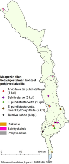 Kuvassa on kartta Tornionjoen vesienhoitoalueesta, jossa on esitetty maaperän tilan tietojärjestelmän kohteet pohjavesialueilla jaoteltuna puhdistustarpeen perusteella.